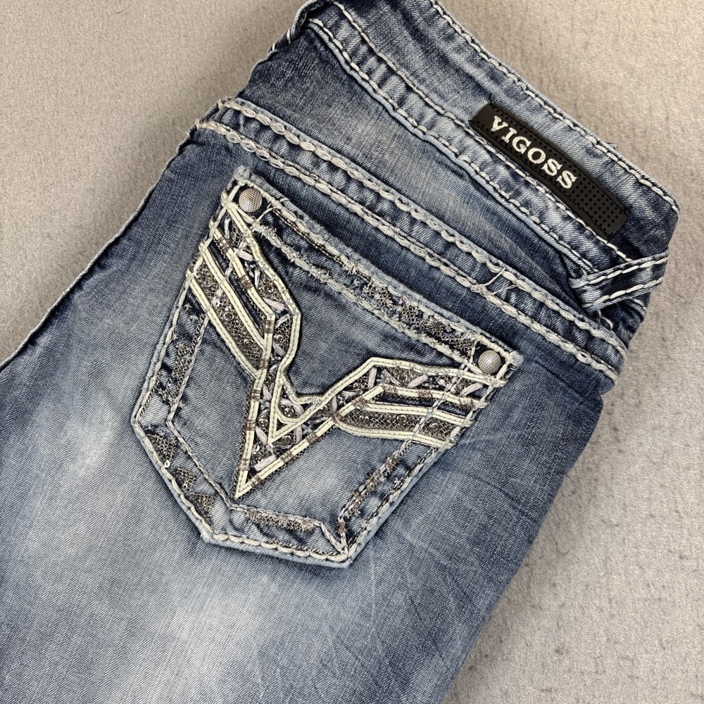 Vigoss Chelsea Capri Jeans Women Size 7 Embroidered Rhinestone Y2K Distressed